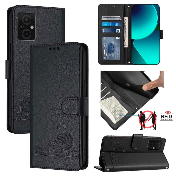 Funda para teléfono de cuero RFID con diseño en relieve de rata y gato con cordón, For Xiaomi POCO X5 Pro, For Xiaomi Redmi 12C / Redmi 11A, For Xiaomi Redmi K60 / K60 Pro, For Xiaomi Redmi 10 5G, For Xiaomi Redmi Note 11E 5G                           ...