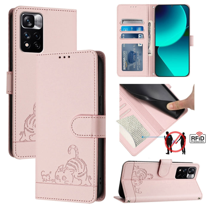 Funda para teléfono de cuero RFID con diseño en relieve de rata y gato con cordón, For Xiaomi POCO X5 Pro, For Xiaomi Redmi 12C / Redmi 11A, For Xiaomi Redmi K60 / K60 Pro, For Xiaomi Redmi 10 5G, For Xiaomi Redmi Note 11E 5G                           ...
