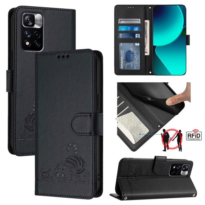 Funda para teléfono de cuero RFID con diseño en relieve de rata y gato con cordón, For Xiaomi Redmi Note 11 Pro+ 5G Global, For Xiaomi POCO X4 NFC 5G, For Xiaomi Redmi Note 11S 5G, For Xiaomi Redmi 10A, For Xiaomi Redmi 10 4G 2021 Global               ...