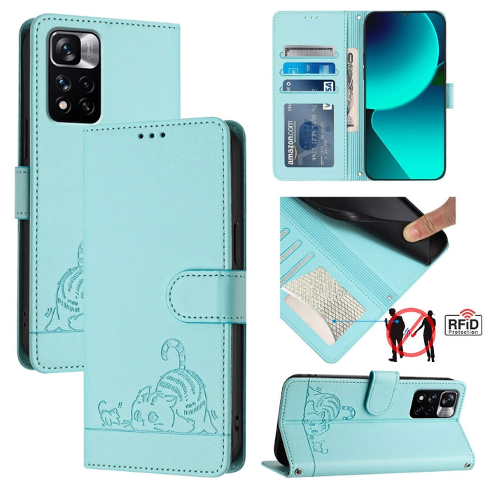 Funda para teléfono de cuero RFID con diseño en relieve de rata y gato con cordón, For Xiaomi Redmi Note 11 Pro+ 5G Global, For Xiaomi POCO X4 NFC 5G, For Xiaomi Redmi Note 11S 5G, For Xiaomi Redmi 10A, For Xiaomi Redmi 10 4G 2021 Global               ...