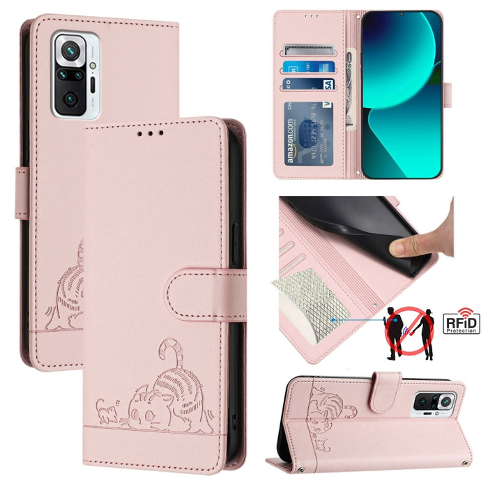 Funda para teléfono de cuero RFID con diseño en relieve de rata y gato con cordón, For Xiaomi Mi 11X / 11X Pro, For Xiaomi Redmi Note 10s 4G, For Xiaomi Redmi Note 10 Pro Max, For Xiaomi Redmi Note 10 Pro India, For Xiaomi Redmi Note 10 Pro 4G         ...
