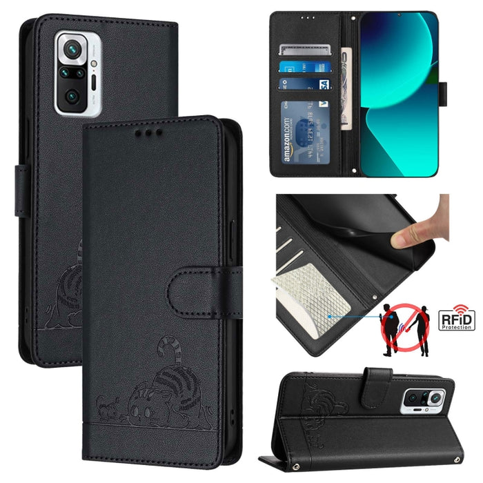Funda para teléfono de cuero RFID con diseño en relieve de rata y gato con cordón, For Xiaomi Mi 11X / 11X Pro, For Xiaomi Redmi Note 10s 4G, For Xiaomi Redmi Note 10 Pro Max, For Xiaomi Redmi Note 10 Pro India, For Xiaomi Redmi Note 10 Pro 4G         ...
