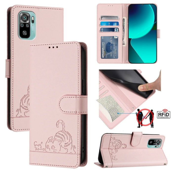 Funda para teléfono de cuero RFID con diseño en relieve de rata y gato con cordón, For Xiaomi Mi 11X / 11X Pro, For Xiaomi Redmi Note 10s 4G, For Xiaomi Redmi Note 10 Pro Max, For Xiaomi Redmi Note 10 Pro India, For Xiaomi Redmi Note 10 Pro 4G         ...