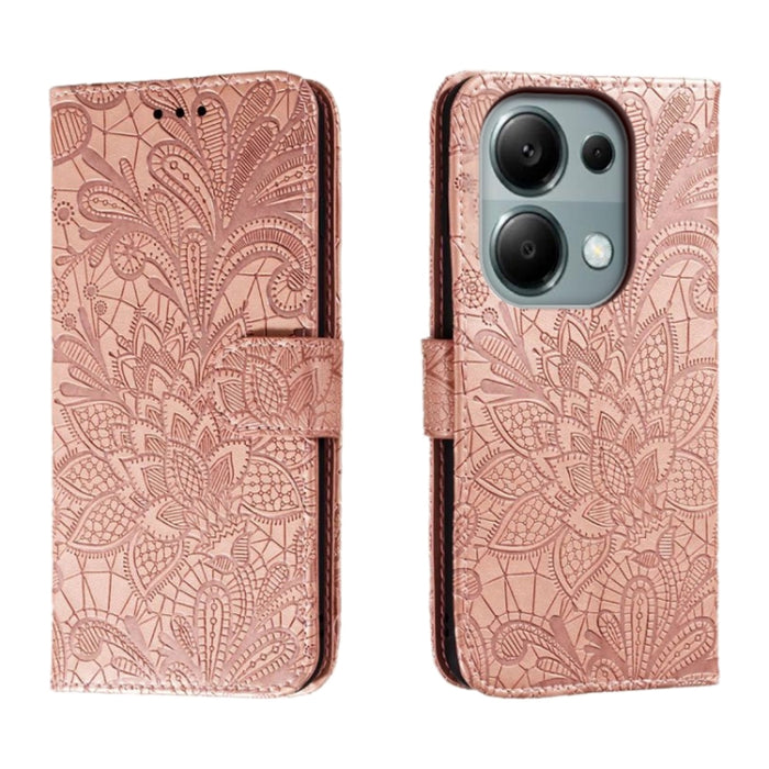 Funda para teléfono de cuero con tapa y estampado de flores de encaje, For Xiaomi Redmi A3, For Xiaomi Redmi Note 13 Pro 4G, For Xiaomi Redmi Note 13 4G, For Xiaomi Redmi K70E, For Xiaomi Redmi Note 13R Pro, For Xiaomi 14 Ultra, For Xiaomi Redmi K70