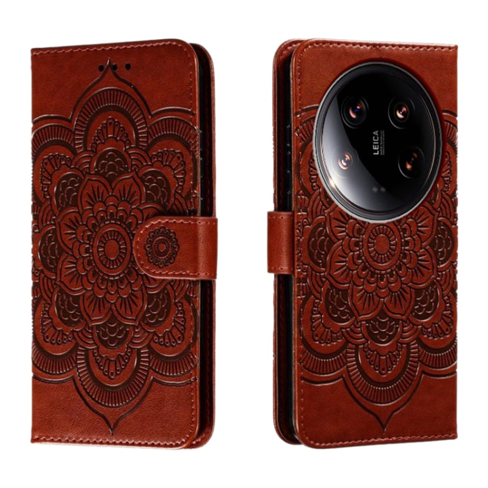 Funda de cuero para teléfono con estampado de mandala de sol, For Xiaomi 14 Ultra