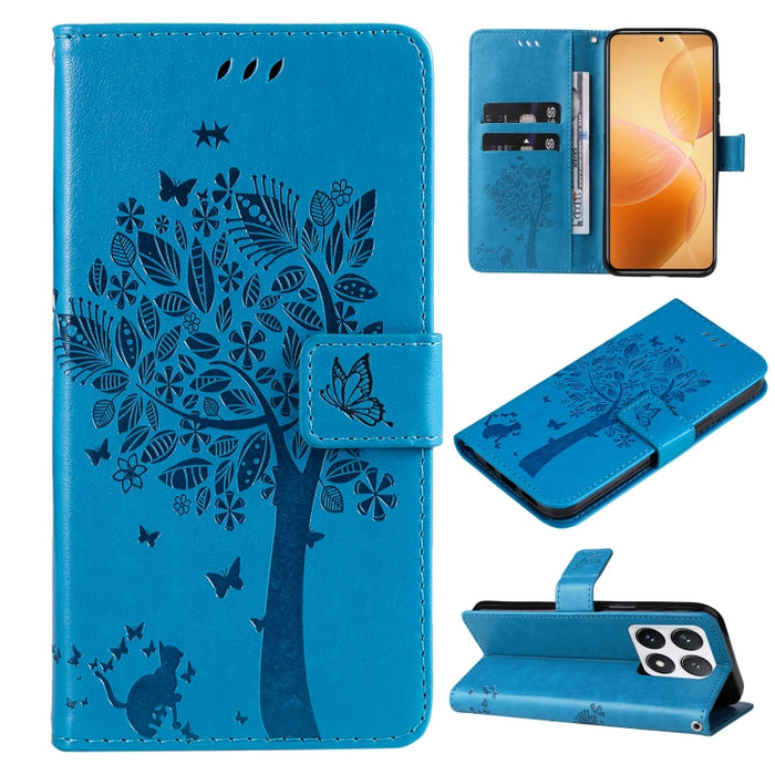 Funda para teléfono con tapa de cuero con estampado en relieve de árbol y gato, For Xiaomi Poco M7 4G 171mm, For Xiaomi 15T Pro 5G, For Xiaomi 15T 5G, For Xiaomi Poco M6 Pro 4G Global, For Xiaomi 15 Ultra 5G Global, For Xiaomi 14T Pro, For Xiaomi 14T  ...