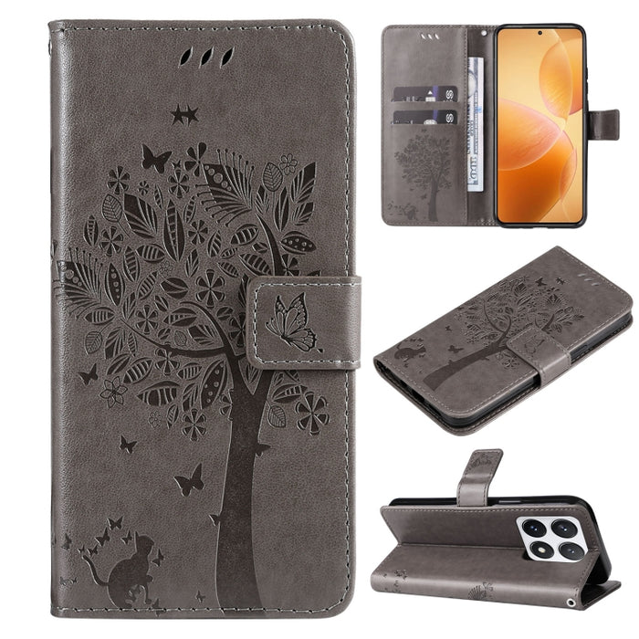 Funda para teléfono con tapa de cuero con estampado en relieve de árbol y gato, For Xiaomi Poco M7 4G 171mm, For Xiaomi 15T Pro 5G, For Xiaomi 15T 5G, For Xiaomi Poco M6 Pro 4G Global, For Xiaomi 15 Ultra 5G Global, For Xiaomi 14T Pro, For Xiaomi 14T  ...