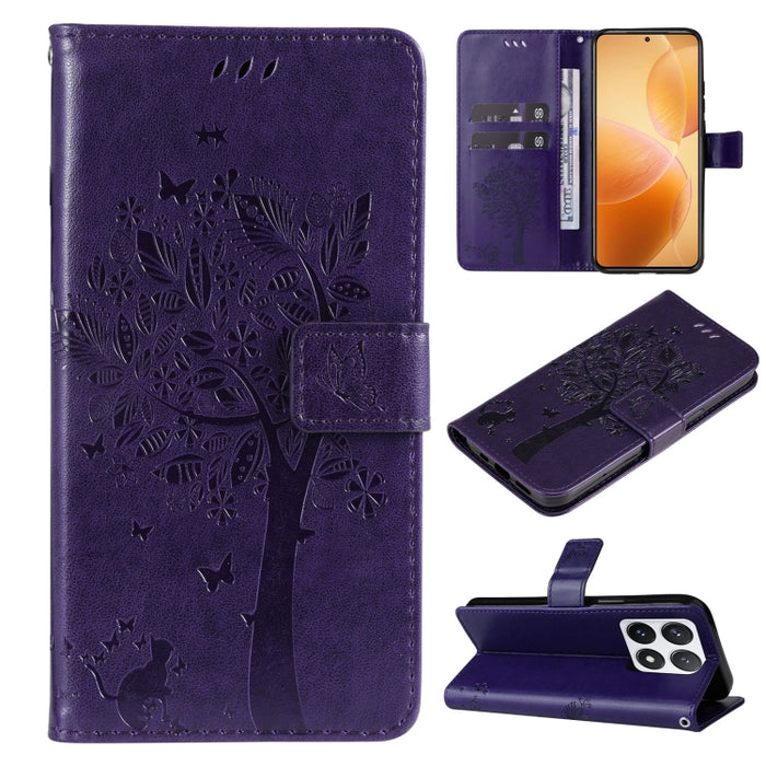 Funda para teléfono con tapa de cuero con estampado en relieve de árbol y gato, For Xiaomi Poco M7 4G 171mm, For Xiaomi 15T Pro 5G, For Xiaomi 15T 5G, For Xiaomi Poco M6 Pro 4G Global, For Xiaomi 15 Ultra 5G Global, For Xiaomi 14T Pro, For Xiaomi 14T  ...