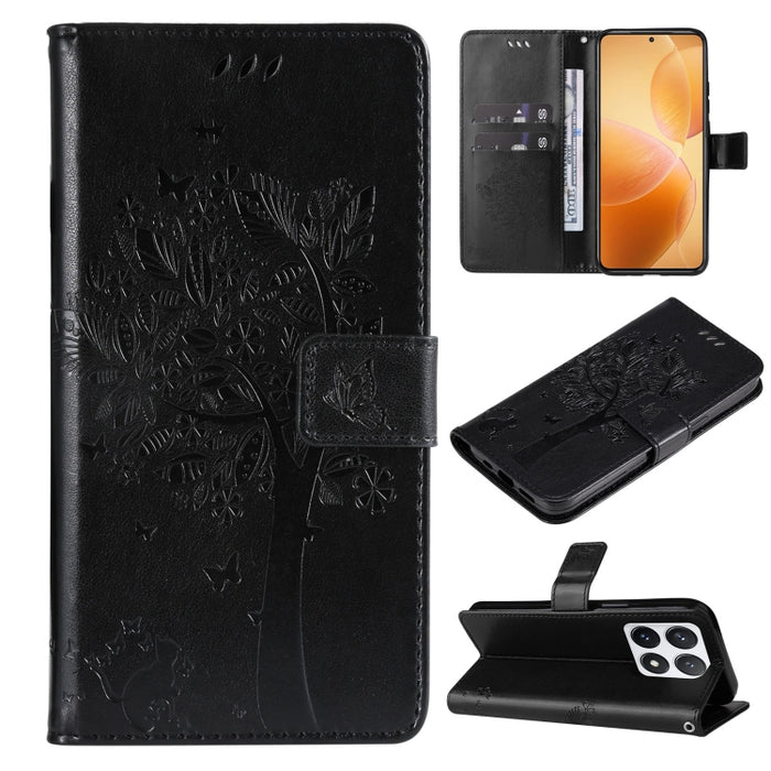 Funda para teléfono con tapa de cuero con estampado en relieve de árbol y gato, For Xiaomi Poco M7 4G 171mm, For Xiaomi 15T Pro 5G, For Xiaomi 15T 5G, For Xiaomi Poco M6 Pro 4G Global, For Xiaomi 15 Ultra 5G Global, For Xiaomi 14T Pro, For Xiaomi 14T  ...