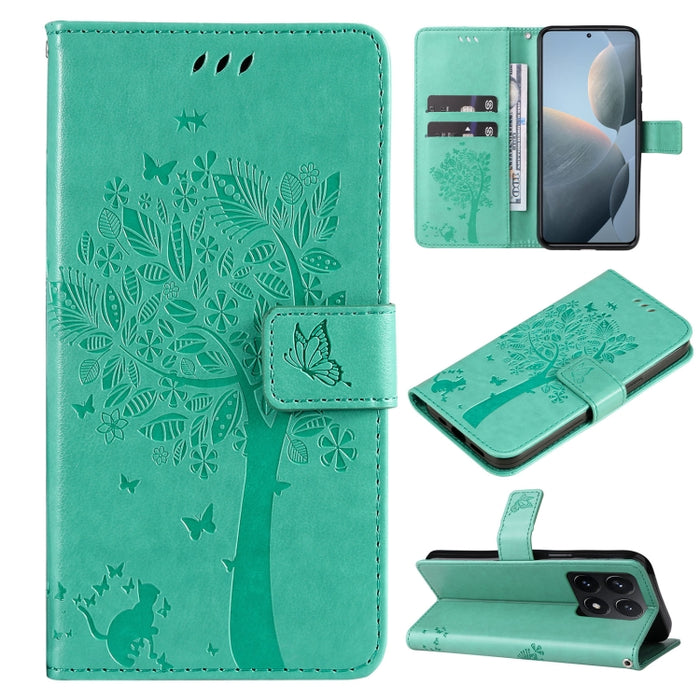 Funda para teléfono con tapa de cuero con estampado en relieve de árbol y gato, For Xiaomi Poco M7 4G 171mm, For Xiaomi 15T Pro 5G, For Xiaomi 15T 5G, For Xiaomi Poco M6 Pro 4G Global, For Xiaomi 15 Ultra 5G Global, For Xiaomi 14T Pro, For Xiaomi 14T  ...