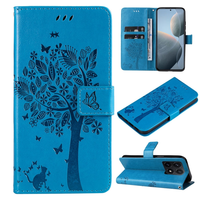 Funda para teléfono con tapa de cuero con estampado en relieve de árbol y gato, For Xiaomi Poco M7 4G 171mm, For Xiaomi 15T Pro 5G, For Xiaomi 15T 5G, For Xiaomi Poco M6 Pro 4G Global, For Xiaomi 15 Ultra 5G Global, For Xiaomi 14T Pro, For Xiaomi 14T  ...
