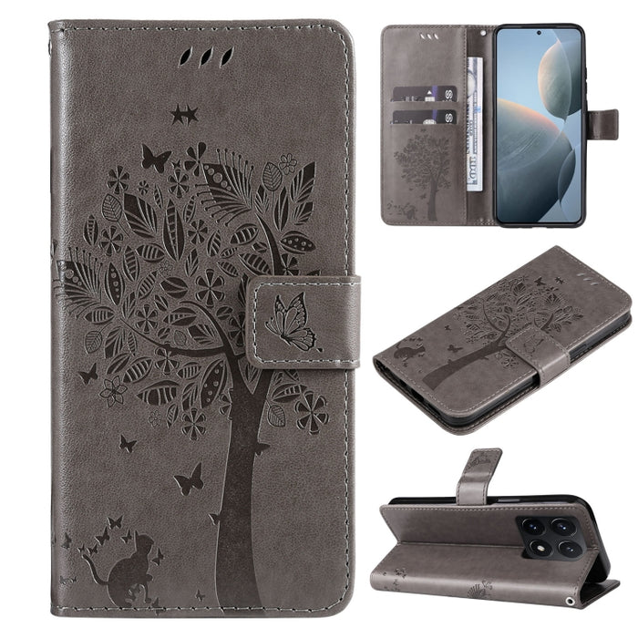 Funda para teléfono con tapa de cuero con estampado en relieve de árbol y gato, For Xiaomi Poco M7 4G 171mm, For Xiaomi 15T Pro 5G, For Xiaomi 15T 5G, For Xiaomi Poco M6 Pro 4G Global, For Xiaomi 15 Ultra 5G Global, For Xiaomi 14T Pro, For Xiaomi 14T  ...