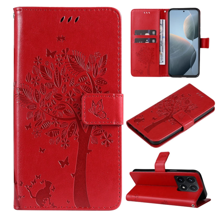 Funda para teléfono con tapa de cuero con estampado en relieve de árbol y gato, For Xiaomi Poco M7 4G 171mm, For Xiaomi 15T Pro 5G, For Xiaomi 15T 5G, For Xiaomi Poco M6 Pro 4G Global, For Xiaomi 15 Ultra 5G Global, For Xiaomi 14T Pro, For Xiaomi 14T  ...