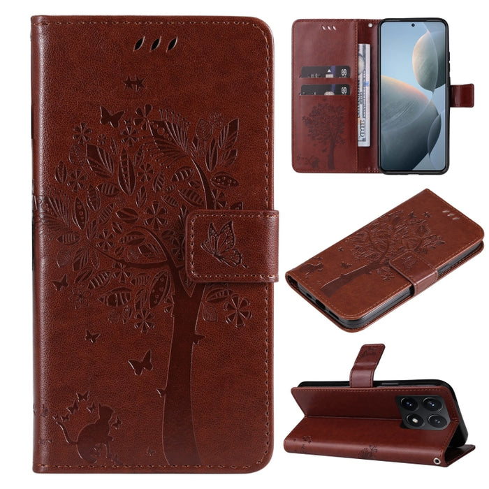 Funda para teléfono con tapa de cuero con estampado en relieve de árbol y gato, For Xiaomi Poco M7 4G 171mm, For Xiaomi 15T Pro 5G, For Xiaomi 15T 5G, For Xiaomi Poco M6 Pro 4G Global, For Xiaomi 15 Ultra 5G Global, For Xiaomi 14T Pro, For Xiaomi 14T  ...