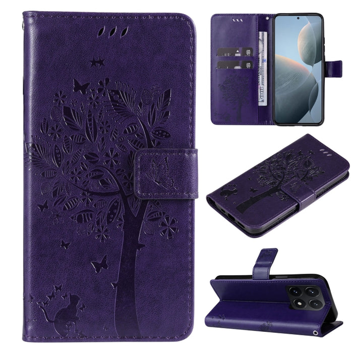 Funda para teléfono con tapa de cuero con estampado en relieve de árbol y gato, For Xiaomi Poco M7 4G 171mm, For Xiaomi 15T Pro 5G, For Xiaomi 15T 5G, For Xiaomi Poco M6 Pro 4G Global, For Xiaomi 15 Ultra 5G Global, For Xiaomi 14T Pro, For Xiaomi 14T  ...