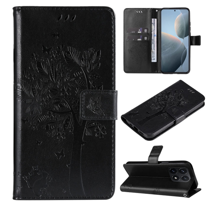 Funda para teléfono con tapa de cuero con estampado en relieve de árbol y gato, For Xiaomi Poco M7 4G 171mm, For Xiaomi 15T Pro 5G, For Xiaomi 15T 5G, For Xiaomi Poco M6 Pro 4G Global, For Xiaomi 15 Ultra 5G Global, For Xiaomi 14T Pro, For Xiaomi 14T  ...