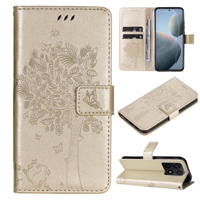 Funda para teléfono con tapa de cuero con estampado en relieve de árbol y gato, For Xiaomi Poco M7 4G 171mm, For Xiaomi 15T Pro 5G, For Xiaomi 15T 5G, For Xiaomi Poco M6 Pro 4G Global, For Xiaomi 15 Ultra 5G Global, For Xiaomi 14T Pro, For Xiaomi 14T  ...