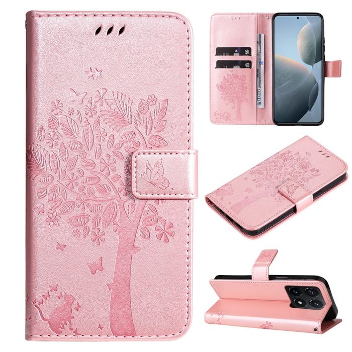 Funda para teléfono con tapa de cuero con estampado en relieve de árbol y gato, For Xiaomi Poco M7 4G 171mm, For Xiaomi 15T Pro 5G, For Xiaomi 15T 5G, For Xiaomi Poco M6 Pro 4G Global, For Xiaomi 15 Ultra 5G Global, For Xiaomi 14T Pro, For Xiaomi 14T  ...