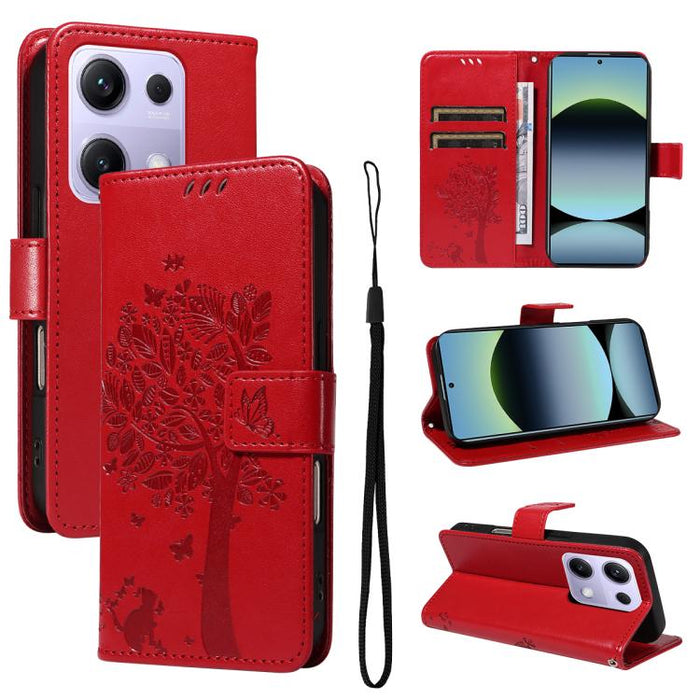 Funda para teléfono con tapa de cuero con estampado en relieve de árbol y gato, For Xiaomi Poco M7 4G 171mm, For Xiaomi 15T Pro 5G, For Xiaomi 15T 5G, For Xiaomi Poco M6 Pro 4G Global, For Xiaomi 15 Ultra 5G Global, For Xiaomi 14T Pro, For Xiaomi 14T  ...
