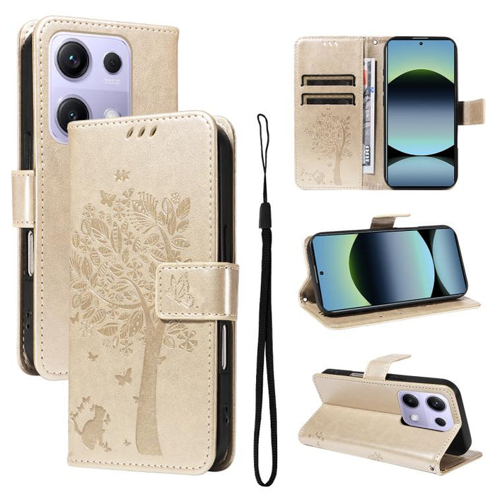 Funda para teléfono con tapa de cuero con estampado en relieve de árbol y gato, For Xiaomi Poco M7 4G 171mm, For Xiaomi 15T Pro 5G, For Xiaomi 15T 5G, For Xiaomi Poco M6 Pro 4G Global, For Xiaomi 15 Ultra 5G Global, For Xiaomi 14T Pro, For Xiaomi 14T  ...