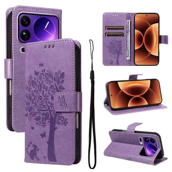 Funda para teléfono con tapa de cuero con estampado en relieve de árbol y gato, For Xiaomi 17 Max 5G, For Xiaomi 17T Pro 5G Global, For Xiaomi 17T 5G Global, For Xiaomi Poco X8 Pro Max 5G, For Xiaomi 17 Ultra, For Xiaomi 17 Pro Max, For Xiaomi 17      ...