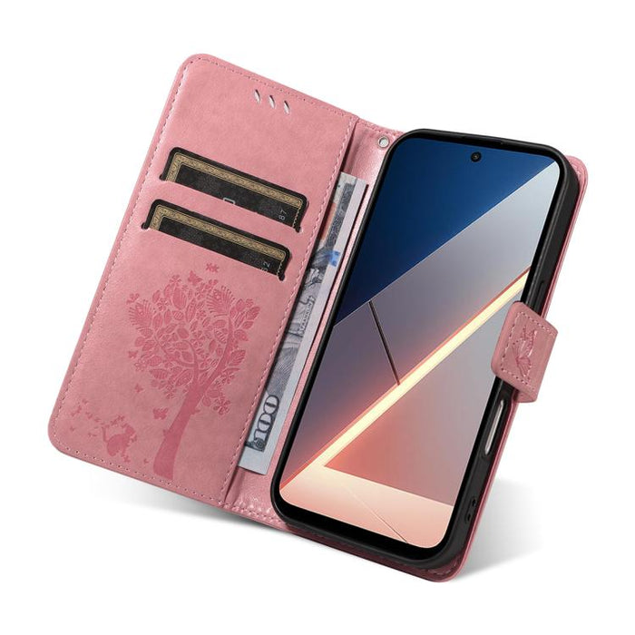 Funda para teléfono con tapa de cuero con estampado en relieve de árbol y gato, For Xiaomi Poco M7 4G 171mm, For Xiaomi 15T Pro 5G, For Xiaomi 15T 5G, For Xiaomi Poco M6 Pro 4G Global, For Xiaomi 15 Ultra 5G Global, For Xiaomi 14T Pro, For Xiaomi 14T  ...