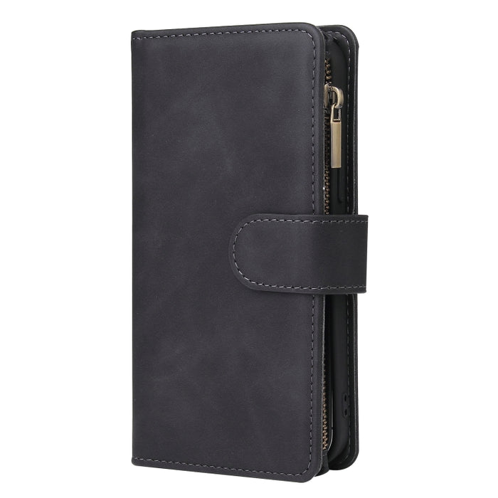 Funda de cuero con tapa horizontal esmerilada retro multifuncional con ranura para tarjeta y soporte y billetera con cremallera y marco de fotos y cordón