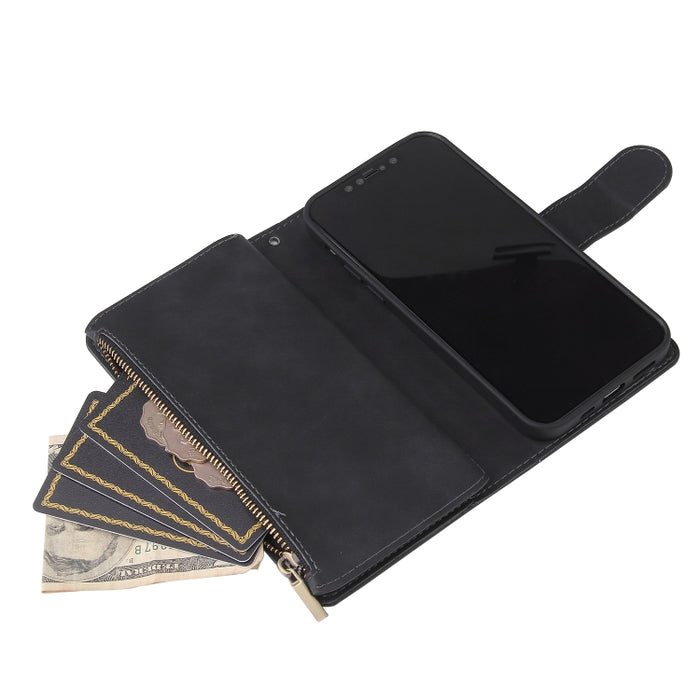 Funda de cuero con tapa horizontal esmerilada retro multifuncional con ranura para tarjeta y soporte y billetera con cremallera y marco de fotos y cordón