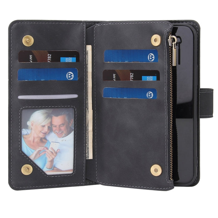 Funda de cuero con tapa horizontal esmerilada retro multifuncional con ranura para tarjeta y soporte y billetera con cremallera y marco de fotos y cordón