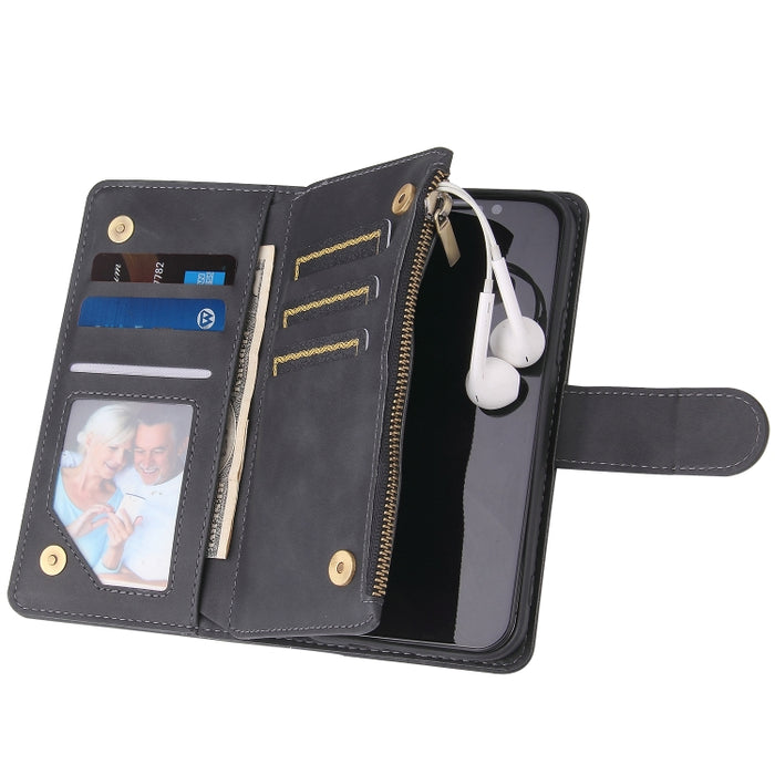 Funda de cuero con tapa horizontal esmerilada retro multifuncional con ranura para tarjeta y soporte y billetera con cremallera y marco de fotos y cordón