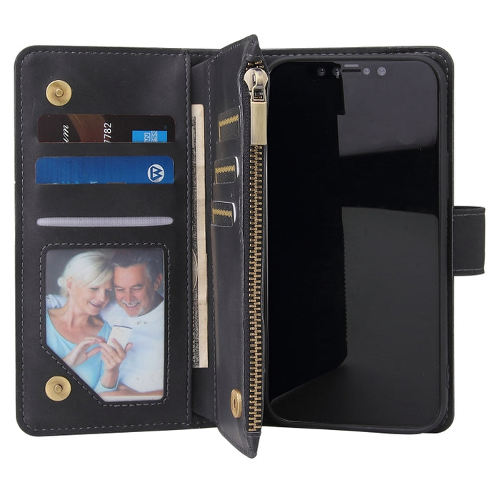 Funda de cuero con tapa horizontal esmerilada retro multifuncional con ranura para tarjeta y soporte y billetera con cremallera y marco de fotos y cordón