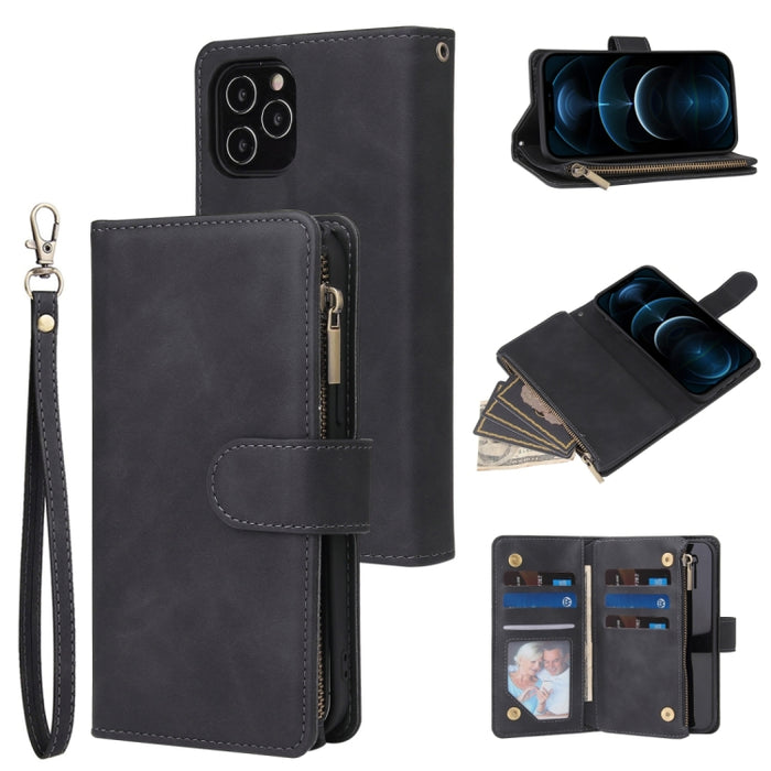 Funda de cuero con tapa horizontal esmerilada retro multifuncional con ranura para tarjeta y soporte y billetera con cremallera y marco de fotos y cordón
