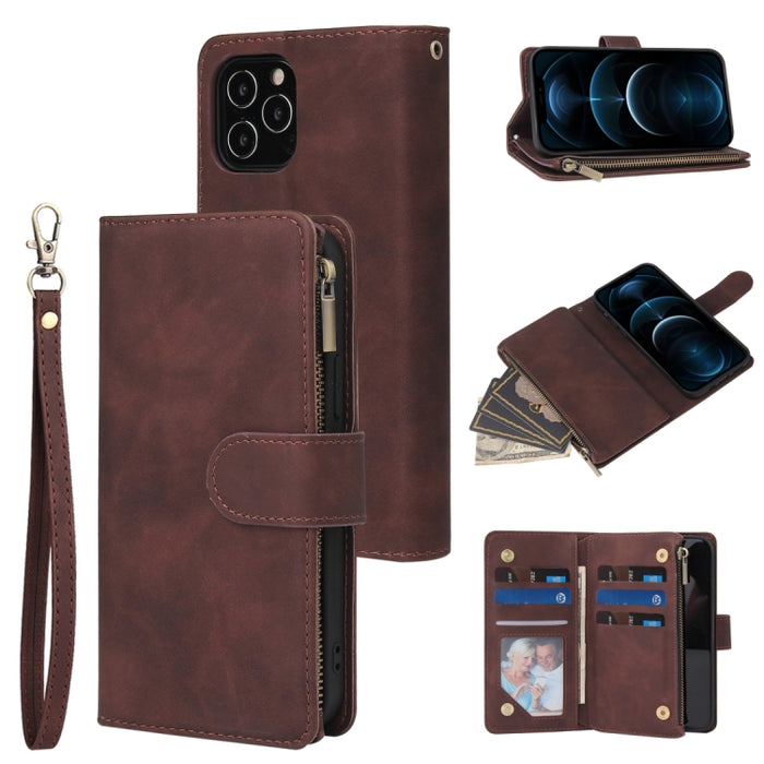 Funda de cuero con tapa horizontal esmerilada retro multifuncional con ranura para tarjeta y soporte y billetera con cremallera y marco de fotos y cordón