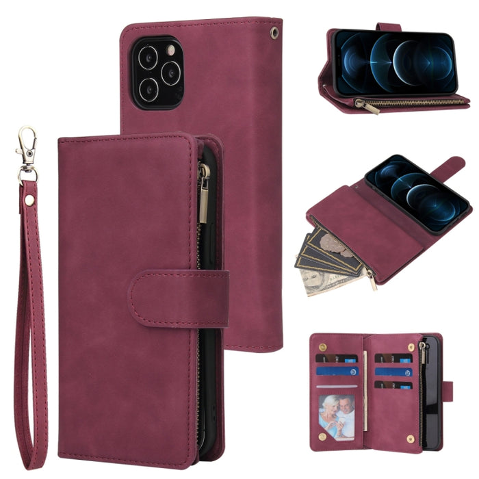 Funda de cuero con tapa horizontal esmerilada retro multifuncional con ranura para tarjeta y soporte y billetera con cremallera y marco de fotos y cordón