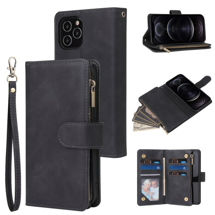 Funda de cuero con tapa horizontal esmerilada retro multifuncional con ranura para tarjeta y soporte y billetera con cremallera y marco de fotos y cordón