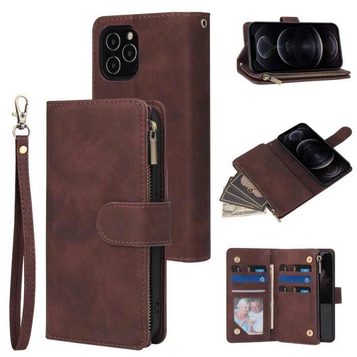 Funda de cuero con tapa horizontal esmerilada retro multifuncional con ranura para tarjeta y soporte y billetera con cremallera y marco de fotos y cordón