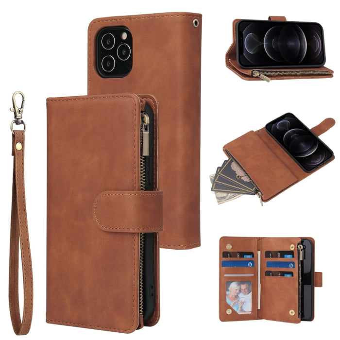 Funda de cuero con tapa horizontal esmerilada retro multifuncional con ranura para tarjeta y soporte y billetera con cremallera y marco de fotos y cordón