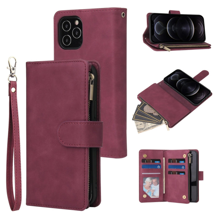 Funda de cuero con tapa horizontal esmerilada retro multifuncional con ranura para tarjeta y soporte y billetera con cremallera y marco de fotos y cordón