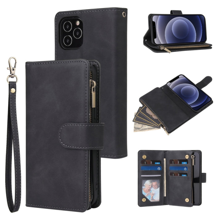 Funda de cuero con tapa horizontal esmerilada retro multifuncional con ranura para tarjeta y soporte y billetera con cremallera y marco de fotos y cordón