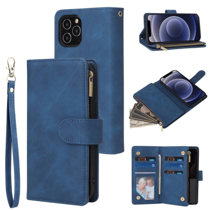 Funda de cuero con tapa horizontal esmerilada retro multifuncional con ranura para tarjeta y soporte y billetera con cremallera y marco de fotos y cordón