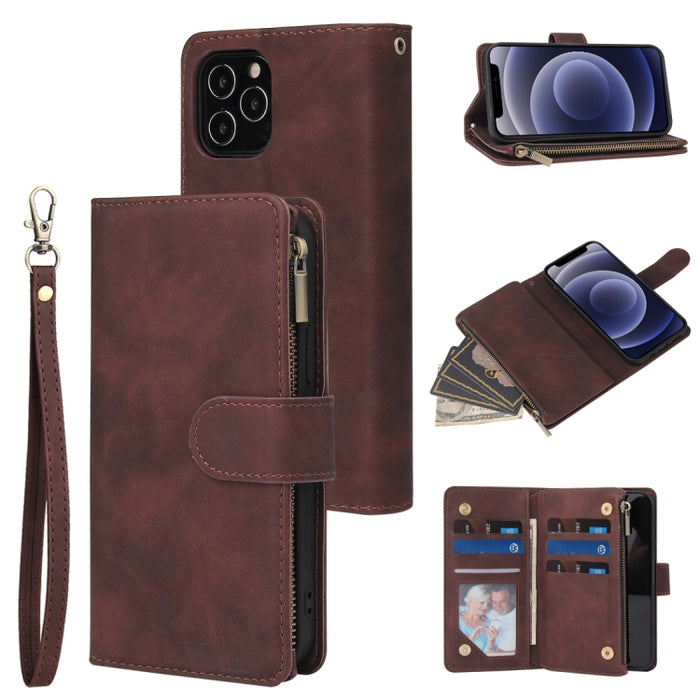 Funda de cuero con tapa horizontal esmerilada retro multifuncional con ranura para tarjeta y soporte y billetera con cremallera y marco de fotos y cordón