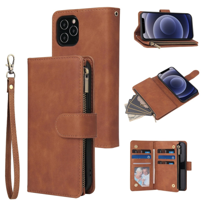 Funda de cuero con tapa horizontal esmerilada retro multifuncional con ranura para tarjeta y soporte y billetera con cremallera y marco de fotos y cordón