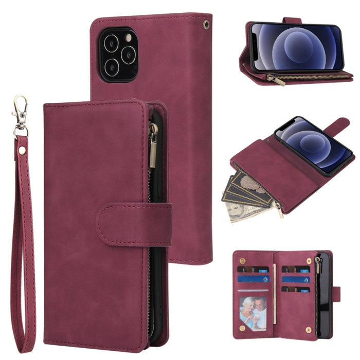 Funda de cuero con tapa horizontal esmerilada retro multifuncional con ranura para tarjeta y soporte y billetera con cremallera y marco de fotos y cordón