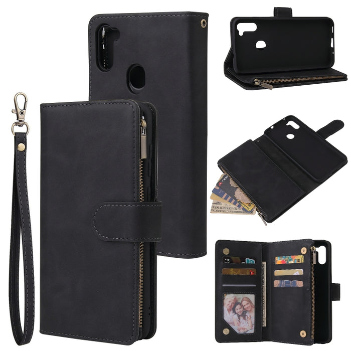 Funda de cuero con tapa horizontal esmerilada retro multifuncional con ranura para tarjeta y soporte y billetera con cremallera y marco de fotos y cordón