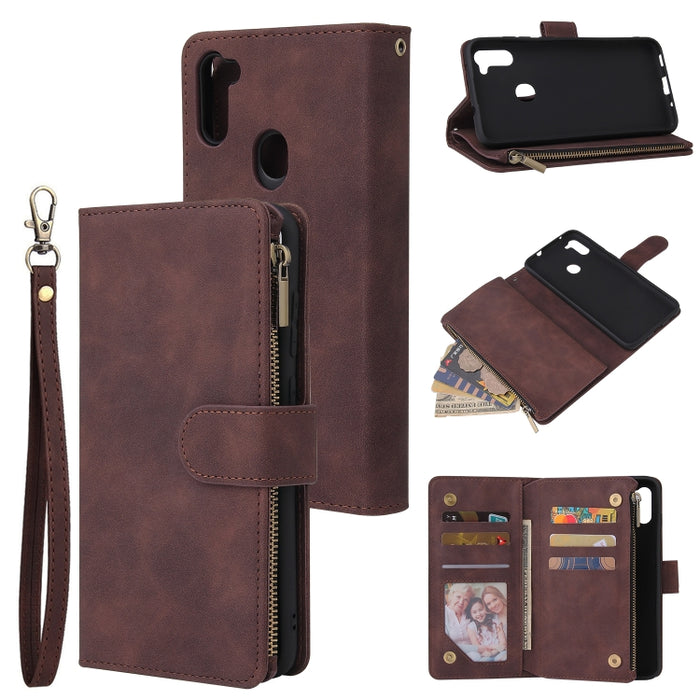 Funda de cuero con tapa horizontal esmerilada retro multifuncional con ranura para tarjeta y soporte y billetera con cremallera y marco de fotos y cordón