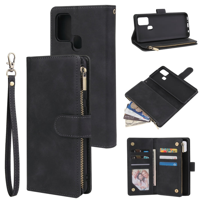 Funda de cuero con tapa horizontal esmerilada retro multifuncional con ranura para tarjeta y soporte y billetera con cremallera y marco de fotos y cordón