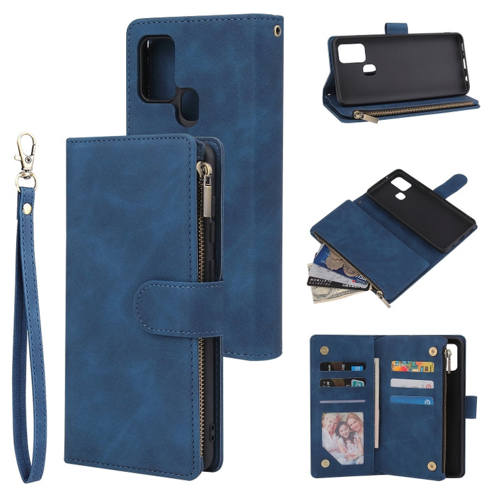 Funda de cuero con tapa horizontal esmerilada retro multifuncional con ranura para tarjeta y soporte y billetera con cremallera y marco de fotos y cordón