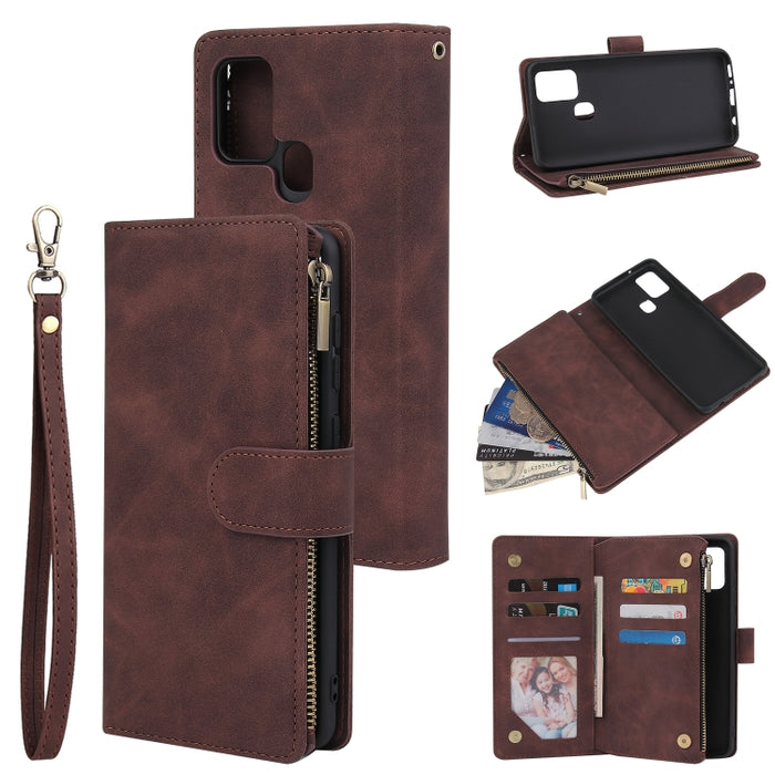Funda de cuero con tapa horizontal esmerilada retro multifuncional con ranura para tarjeta y soporte y billetera con cremallera y marco de fotos y cordón