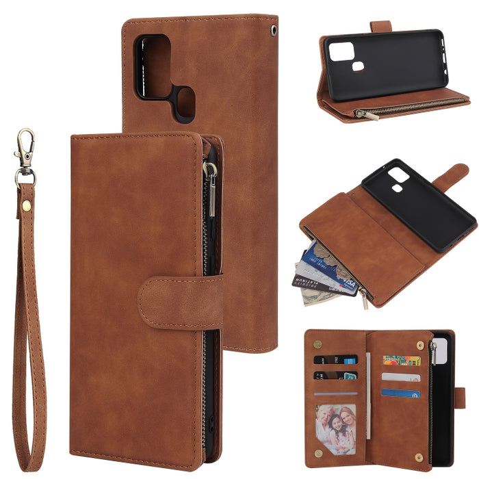 Funda de cuero con tapa horizontal esmerilada retro multifuncional con ranura para tarjeta y soporte y billetera con cremallera y marco de fotos y cordón