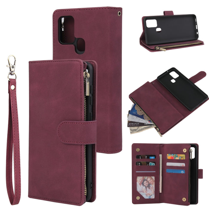 Funda de cuero con tapa horizontal esmerilada retro multifuncional con ranura para tarjeta y soporte y billetera con cremallera y marco de fotos y cordón